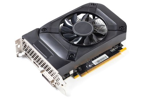 One small black PC video card isolated on white background with selective focus.