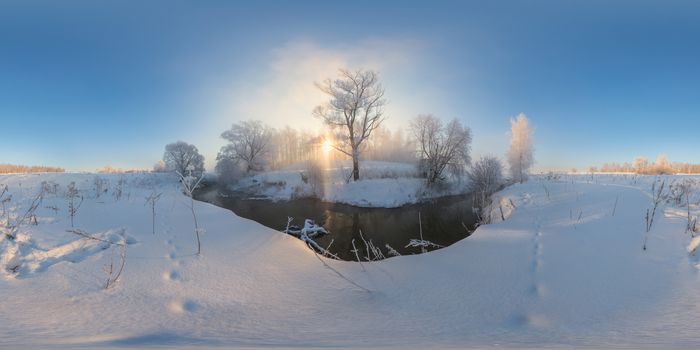 winter morning fog on river full spherical 360 degree panorama in equirectangular projection