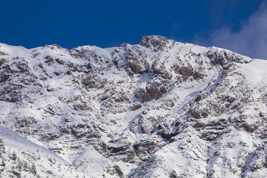 Snowy mountains landscape in the Aragonese Pyrenees. Near of Aguas Tuertas valley, Hecho and Anso, Huesca, Spain.