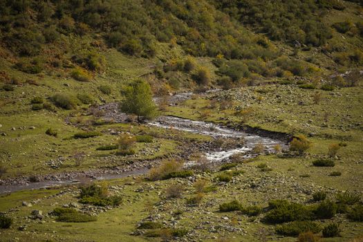 Meanders and curves of the Aragon Subordan River. Aragonese Pyrenees, near of Aguas Tuertas valley, Hecho and Anso, Huesca, Spain.