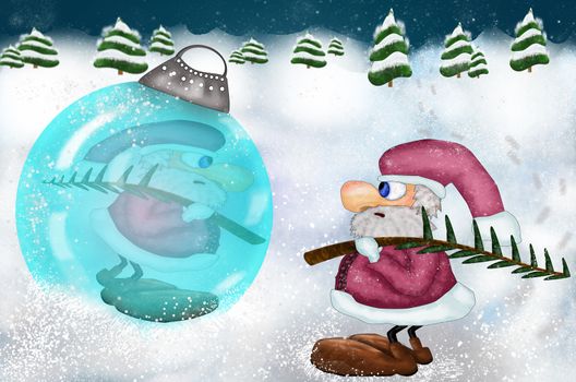 Santa found a Christmas bubble. Santa is looking at his reflection at the Christmas ball. Winter landscape with cartoon  Santa Claus. Stock illustration