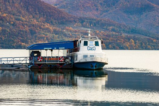 Old cruise ship, Danube river view from Orsova, Romania, 2020.