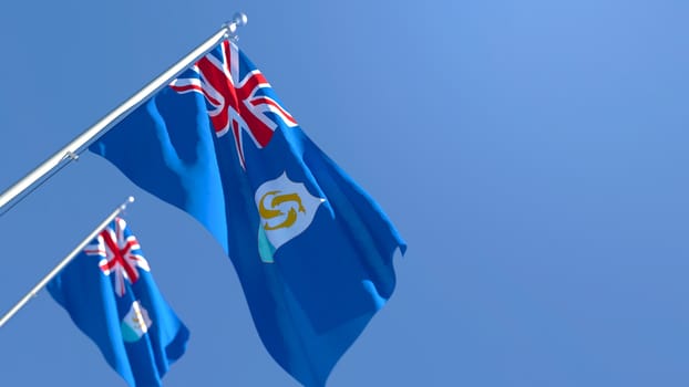 3D rendering of the national flag of Anguilla waving in the wind against a blue sky