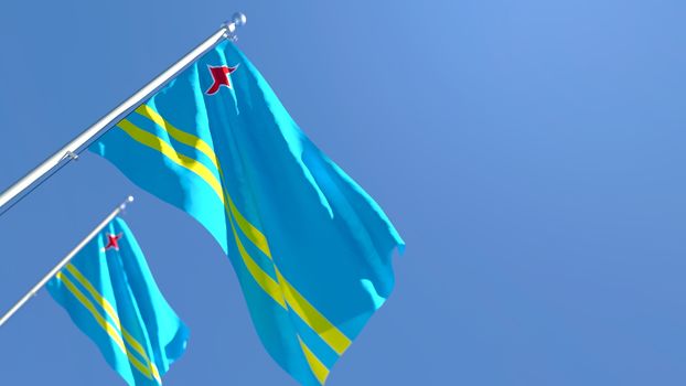 3D rendering of the national flag of Aruba waving in the wind against a blue sky