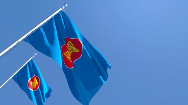 3D rendering of the flag of ASEAN waving in the wind against a blue sky