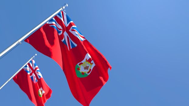 3D rendering of the flag of Bermuda waving in the wind against a blue sky
