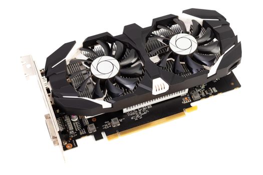 One small black PC video card isolated on white background with selective focus.