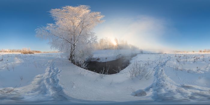 winter morning fog on river full spherical 360 degree panorama in equirectangular projection