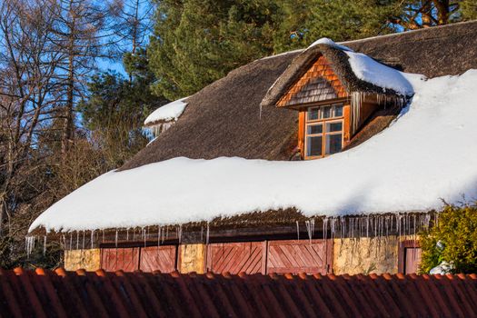 Spring barn with straw roof and mansard. Selective focus technique used.