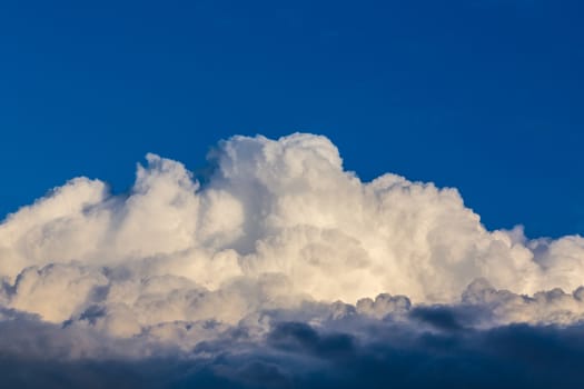 solid white cumulus cloud with dark front edge on blue sky background without ground or horizon under warm eening light
