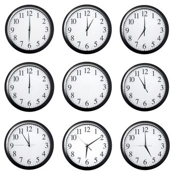 Set of black watch dials with arrows showing different times, isolated on a white background.