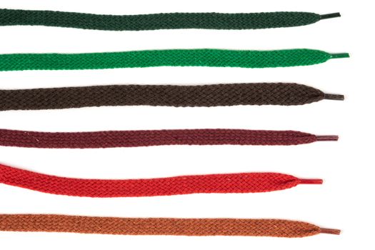 Collection of colored cotton laces for shoes with tip on white background