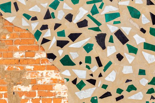 colored glass junk mosaic plaster wall flat texture.