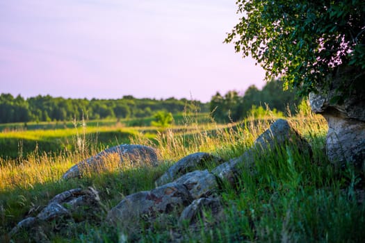 natural stones outdoor telephoto landscape with selective focus at summer evening light