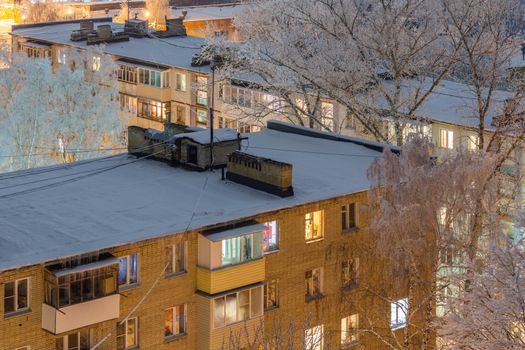 russian province high brick house roofs with selective focus.