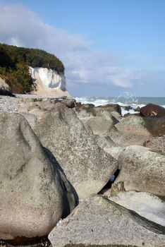 Stones on the beach of Ruegen in Germany with the chalk cliffs in the background