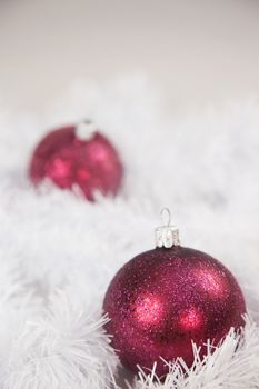 Red baubles Christmas decoration in white fluffy background