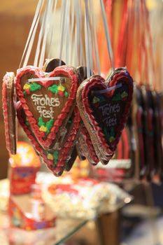 Various Christmas gingerbread hearts hanging