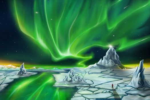 Digital painting alone man and big snow mountian under Northern Lights,illustration 