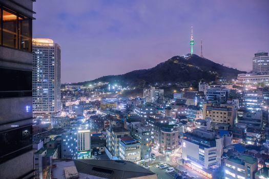 Cityscape night view of Seoul and Namsan Seoul Tower, South Korea