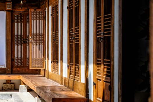 Detail and close up traditional Korean style architecture at Bukchon Hanok Village in Seoul, South Korea.