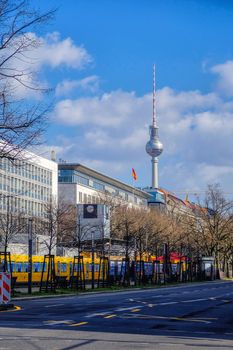 Street view of Berlin skyline with retro vintage Instagram style grunge pastel toned filter effect, Germany