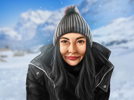 Beautiful painting of a young woman with snow backgroud, digital painting