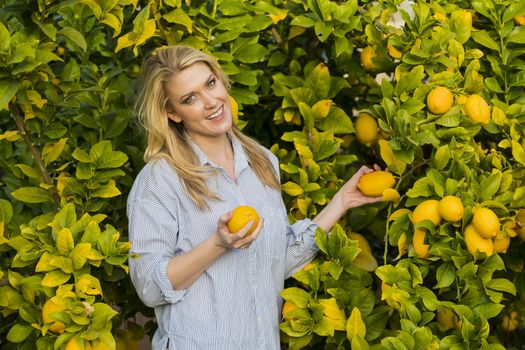 Blonde model posing outdoors with fruit from a lemon tree