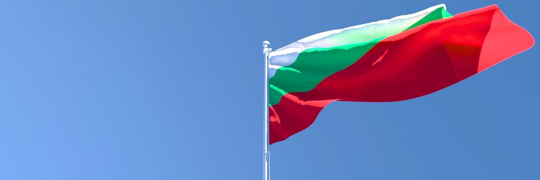 3D rendering of the national flag of Bulgaria waving in the wind against a blue sky.