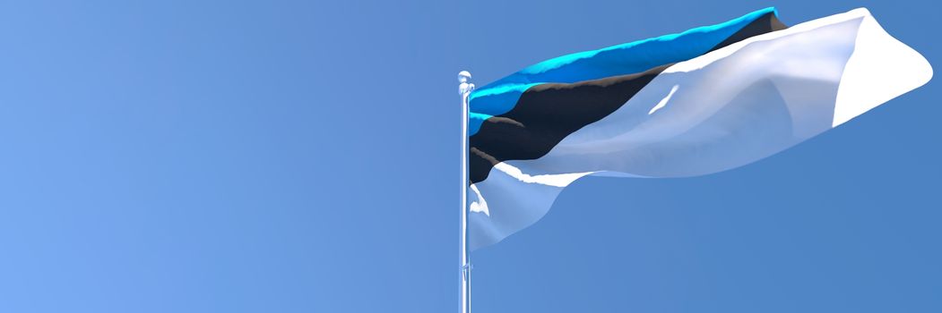3D rendering of the national flag of Estonia waving in the wind against a blue sky