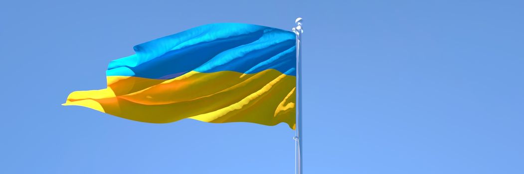 3D rendering of the national flag of Ukraine waving in the wind against a blue sky