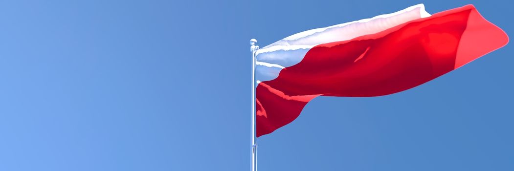 3D rendering of the national flag of Poland waving in the wind against a blue sky