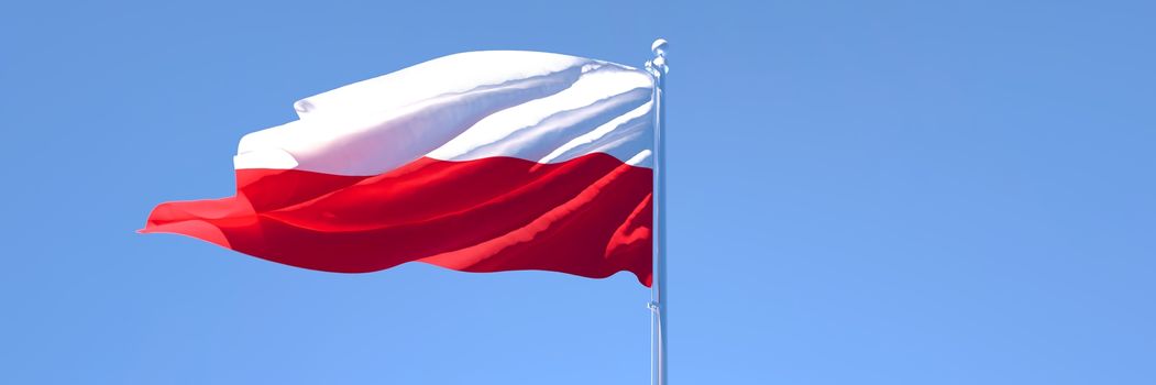 3D rendering of the national flag of Poland waving in the wind against a blue sky