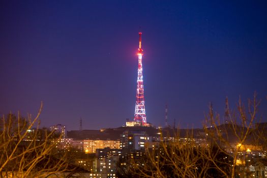 Night illumination of a television tower in Vladivostok.