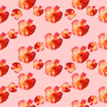 Seamless pattern with roses on a pink background. Flat lay, top view. Pop art creative design for textile, fashion, wallpaper, fabric, wrapping paper.