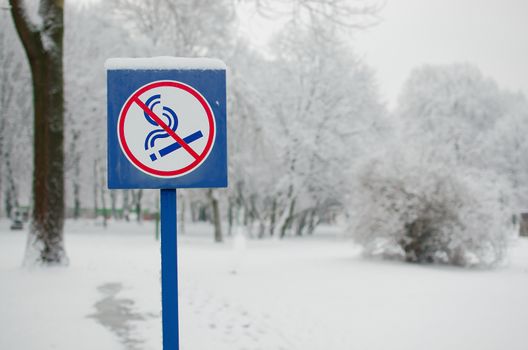 Blue no smoking label stick to the pole in the located public park with winter trees background. Public park in the city for health lovers. Community concept.