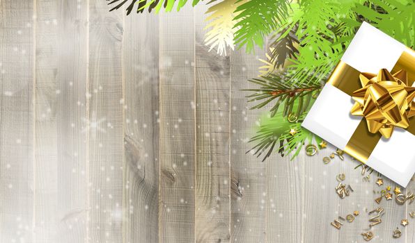 Xmas holiday design over wood with Christmas gift boxes, gold bows on wooden background with snow. Realistic 3D card. 3D render. Place for text, flat lay