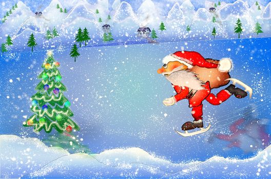 Winter holiday greeting and invitation cards. Santa on the rink with presents. Winter landscape. Stock illustration