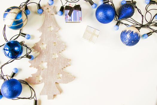 Merry christmas and happy new year 2021 blue set background, tree, toy, gift box and garland on the white background