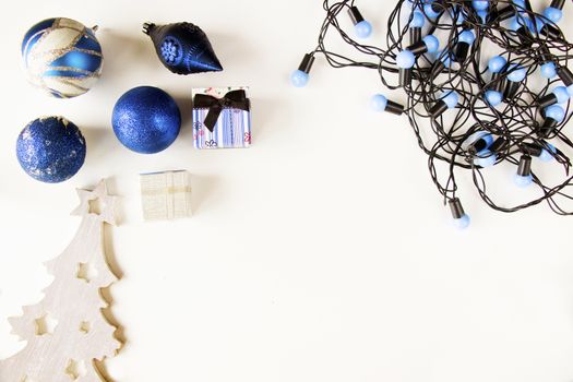Merry christmas and happy new year 2021 blue set background, tree, toy, gift box and garland on the white background