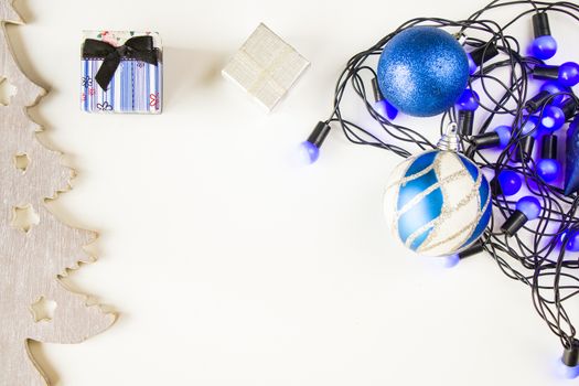Merry christmas and happy new year 2021 blue set background, tree, toy, gift box and garland on the white background