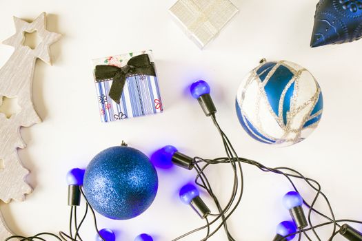 Merry christmas and happy new year 2021 blue set background, tree, toy, gift box and garland on the white background