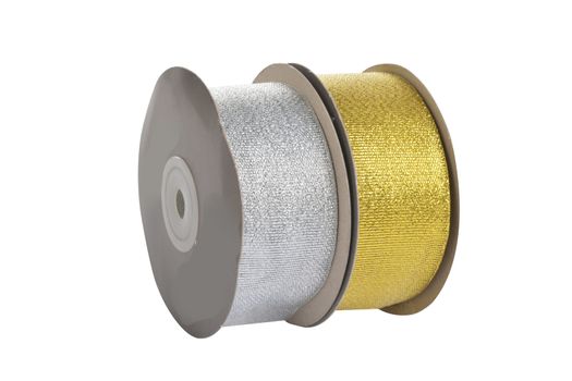 damaged packaging of set Reel with shiny organza tape ribbon festive Gold and silver isolated on white background. Use for sewing and gift wrapping.