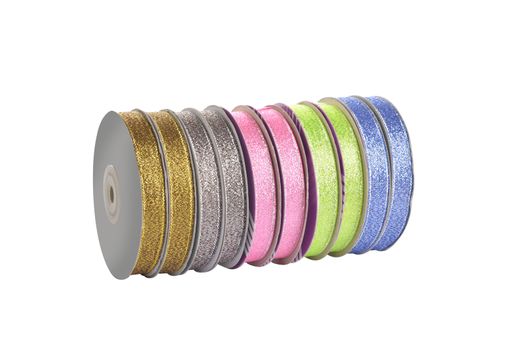 damaged packaging of set Reel with shiny organza tape ribbon festive Gold and silver isolated on white background. Use for sewing and gift wrapping.