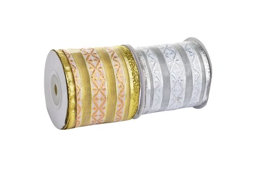 damaged packaging of set Reel with shiny organza tape ribbon festive Gold and silver isolated on white background. Use for sewing and gift wrapping.