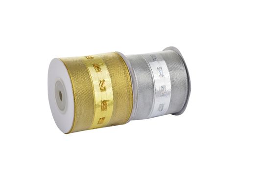 damaged packaging of set Reel with shiny organza tape ribbon festive Gold and silver isolated on white background. Use for sewing and gift wrapping.