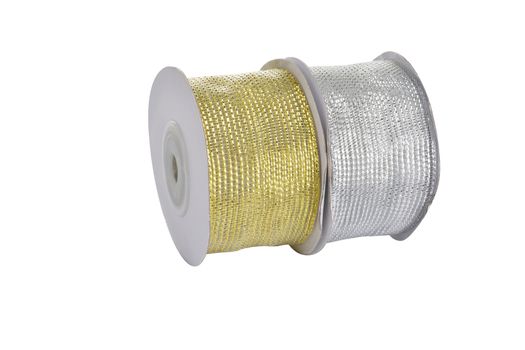 damaged packaging of set Reel with shiny organza tape ribbon festive Gold and silver isolated on white background. Use for sewing and gift wrapping.