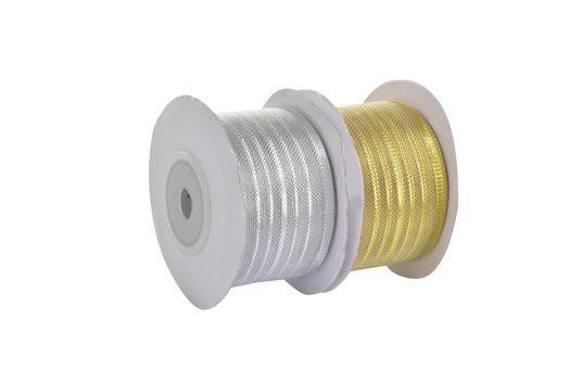 damaged packaging of set Reel with shiny organza tape ribbon festive Gold and silver isolated on white background. Use for sewing and gift wrapping.