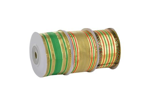 damaged packaging of set Reel with shiny organza tape ribbon festive Gold and silver isolated on white background. Use for sewing and gift wrapping.