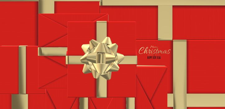 Christmas luxury design with 3D red Xmas gift boxes with golden bow. Golden text Merry Christmas Happy New Year. 3D illustration